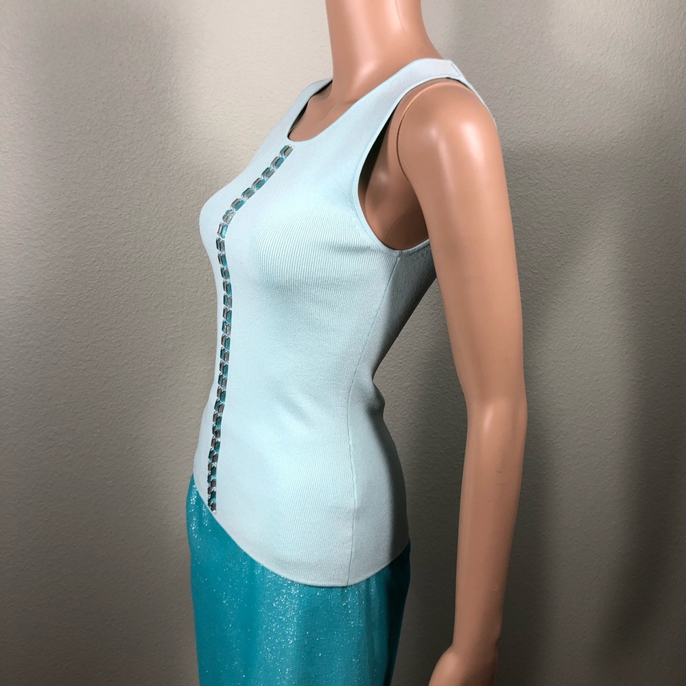 Light blue sleeveless knit top with aqua blue and clear crystals - Picture 11 of 15